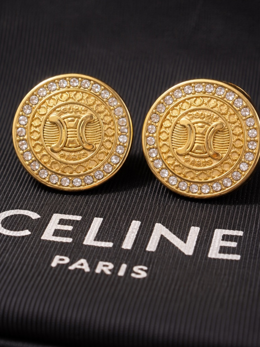 Celine Triomphe Large Medallion Earrings Gold Rhinestone 2.7cm